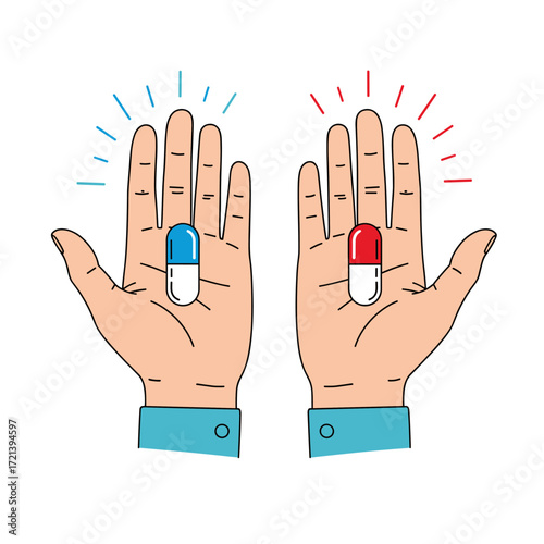 Choosing between two options with contrasting implications presented on open palms.