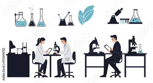 Laboratory research with scientists glassware and equipment for scientific studies