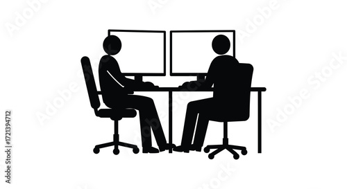 Two people seated at a desk facing computer monitors black silhouette
