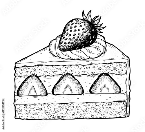 A shortcake is depicted, with detailed layers of sponge cake, cream, and sliced ​​strawberries. Line art only. Hand-drawn illustration.