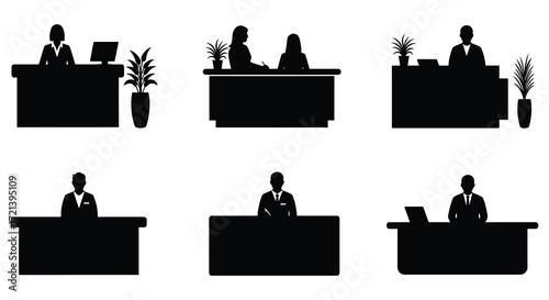 Silhouettes of receptionists and office workers at desks black and white
