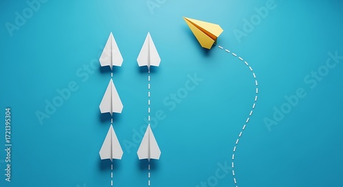Creative yellow paper plane breaking from the norm, representing different thinking