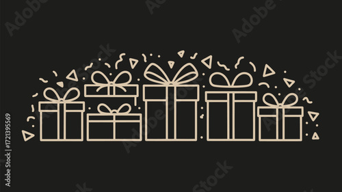 A collection of outlined gift boxes with bows and confetti on a dark background illustration design