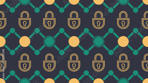 Repeated pattern of golden locks and connected green and yellow circles on a dark background design