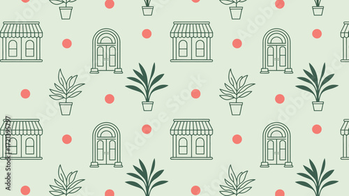 Pattern with shop fronts, arched doors, potted plants, and pink dots on a light green background