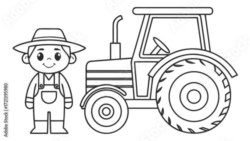 Outline illustration of a farmer standing next to a tractor, representing agriculture and rural life isolated on white background