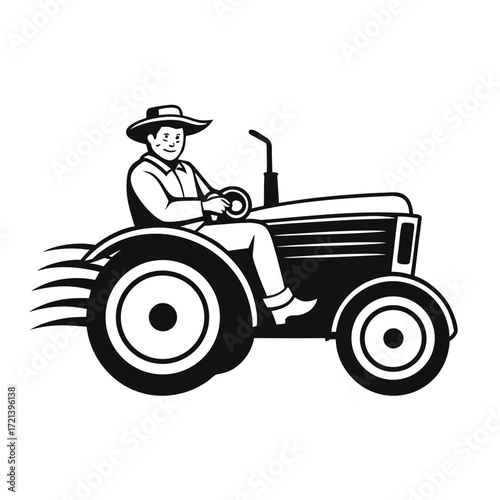 A farmer driving a vintage tractor isolated on white background, showcasing rural life and agricultural machinery in a retro style design