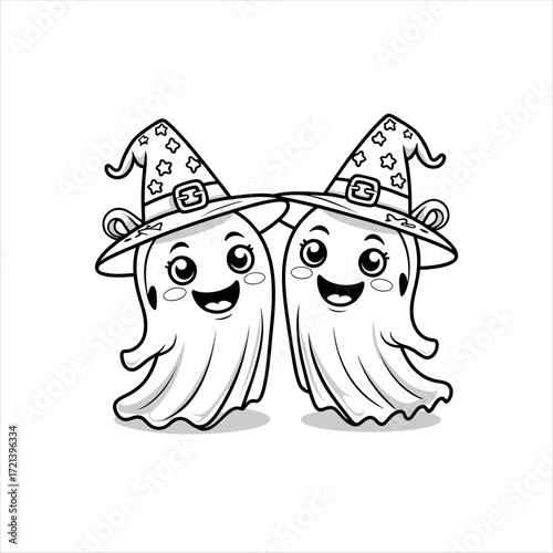 Vector art of two cute ghosts wearing witch hats for halloween