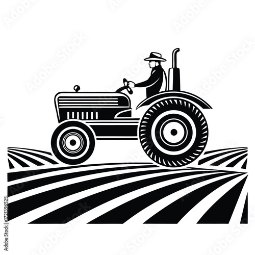 A farmer driving a vintage tractor on a field isolated on white background, depicting agricultural machinery and rural life in a graphic style