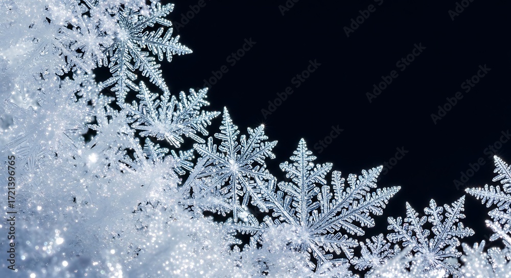 Fototapeta premium Closeup of intricate snowflakes forming a delicate border against a dark background, showcasing the beauty of winters icy creations