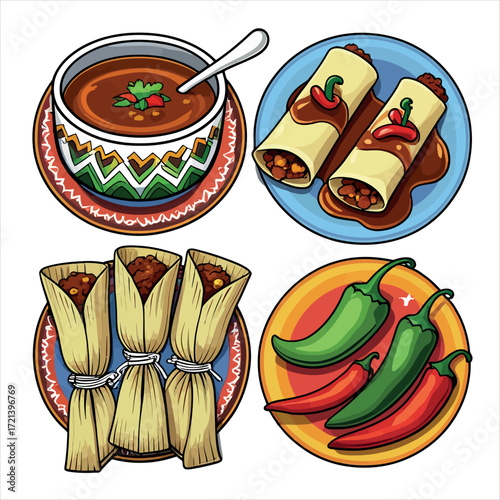 Vector art of mexican food with enchiladas, tamales and chili soup