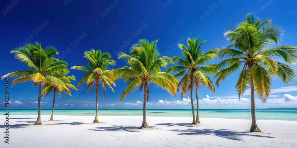 Fototapeta premium Palm trees standing alone against clear blue sky with white sandy beach