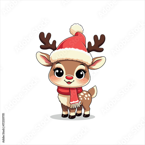 Vector art of cute cartoon reindeer with red scarf and santa hat