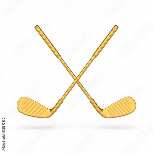 Two gold golf clubs crossed over each other, suspended in the air,