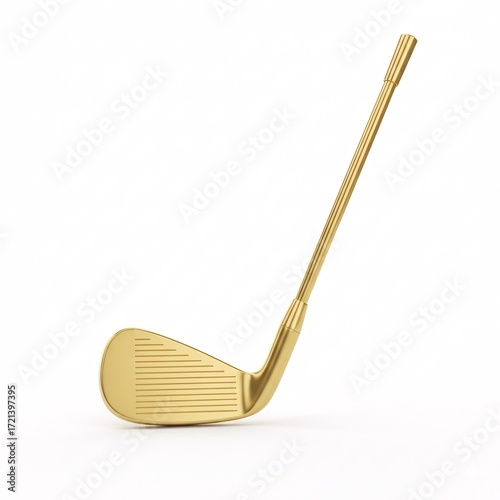 A shiny gold golf club standing vertically,