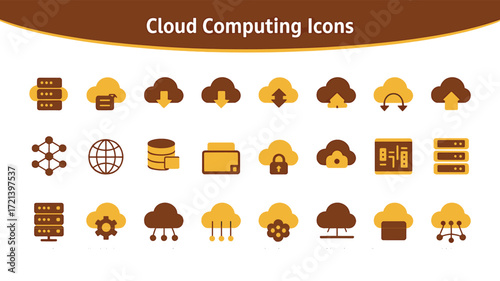 Flat 2026 cloud computing icon set with servers, data transfer, and network symbols