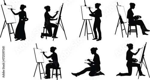 Silhouette woman painting on canvas, artist with brush, easel drawing, creative artwork, female painter sitting, standing, sketching, artistic creation