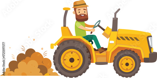 Cartoon farmer driving a yellow tractor isolated on white background a cheerful bearded man in overalls is working on the field, plowing the land