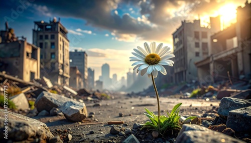 A lone daisy blooms amidst ravaged cityscape ruins