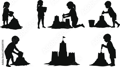 Children building sandcastle silhouettes, kids playing with sand, beach fun, summer holiday activity, creative play, childhood games, outdoor seaside entertainment