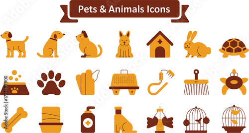 Flat 2026 pets and animals icon set with dogs, cats, birds, and pet care symbols