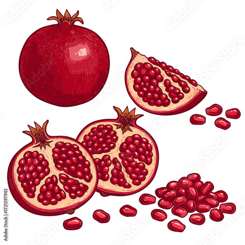 Pomegranate Fruit Illustration Collection: Whole, Halved, Sliced, and Loose Arils. Botanical Vector Drawing