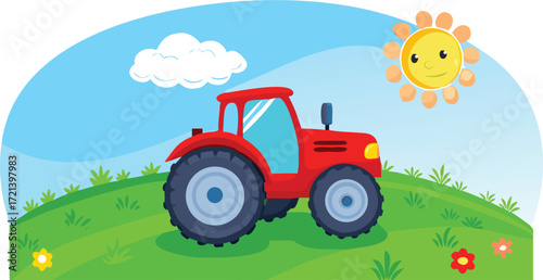 A cheerful red tractor sits on a green hill under a blue sky with a smiling sun and fluffy cloud, creating a whimsical countryside scene