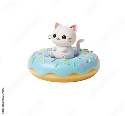 Adorable 3D kitty perched on a frosted donut with colorful sprinkles for a sweet treat concept that will bring joy to your project now