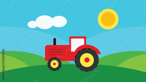 A simple red tractor on a green hill under a blue sky with a sun and cloud, isolated on white background, creating a clean agricultural scene