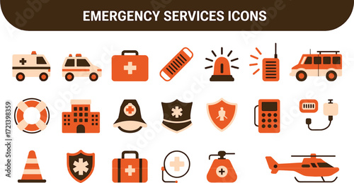 Flat 2026 emergency services icon set with ambulance, fire, police, and medical symbols