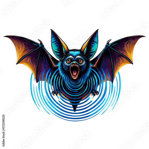 Vibrant Echolocation Bat in Flight Illustration
