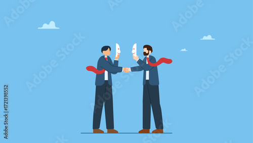 Businessmen handshake both holding mask to hide real thought. Dishonesty partnership or fake agreement, liar or suspicion fraud, betrayal or disguise deal, hidden threat ready to stab behind.