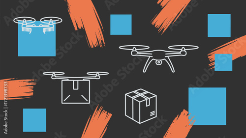 Illustration showing drones with boxes and abstract shapes on a dark background design concept