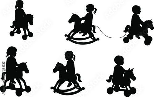 Children riding rocking horse toy silhouettes, vintage playtime, childhood fun, kids riding horse toy, playful activity, retro entertainment, family joy