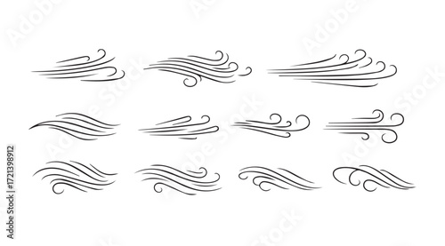Collection of stylized wind swirls and gusts silhouette