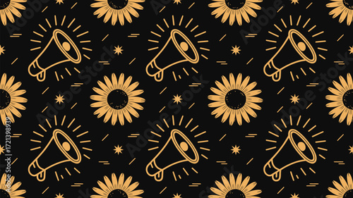 Pattern of sunflowers and megaphones on a black background with small stars and lines scattered around
