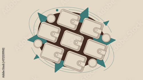 Illustration of multiple wallets arranged in a circular pattern with geometric shapes around them