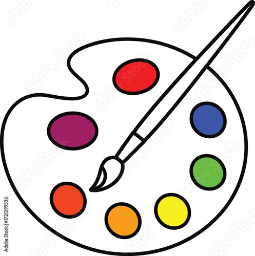 A simple black and white line drawing of an artist's palette holding various dabs of colorful paint with a paintbrush resting on top.