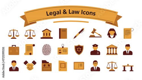 Professional 2026 legal and law icon set with courthouse, gavel, and justice symbols