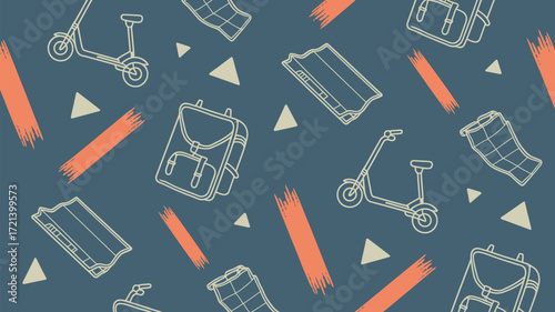 Pattern featuring scooters, backpacks, triangles, and orange brush strokes on a blue background