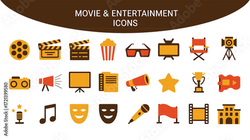 Vibrant 2026 movie and entertainment icon set with colorful film and media symbols