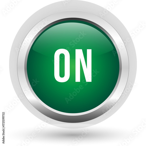 Shiny green button with metallic border and ON text, symbolizing power or start