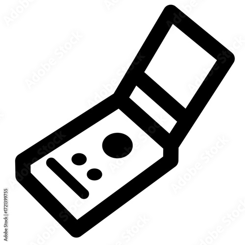 Illustration of a black and white flip phone with a visible screen and buttons in a simple design style