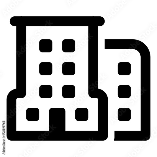 Illustration of two buildings with multiple windows, depicted in a simple, bold, black outline style