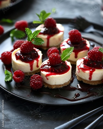 Mini cheesecakes topped with raspberries and mint on a dark plate