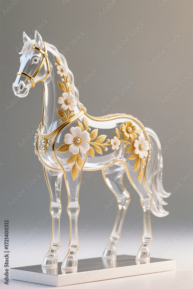 Fototapeta premium a Decorative glass horse with golden outlines, luxury floral design, white base