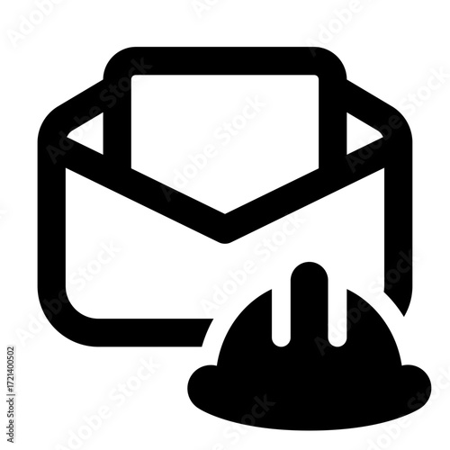 Icon depicting an open envelope with a document inside and a construction helmet placed below it design