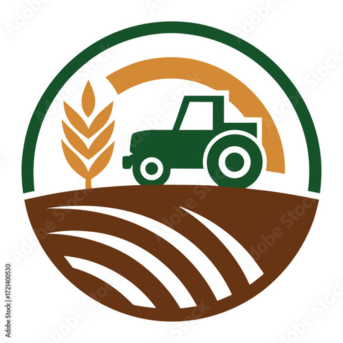 Illustration of a tractor on a field with wheat, symbolizing agriculture, farming, and rural life isolated on white background
