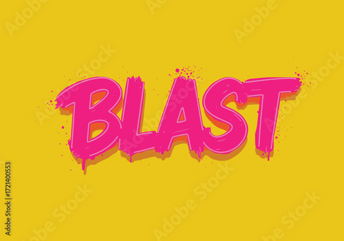 Vibrant pink graffiti style word blast in bold lettering with a dripping effect on a bright yellow background energetic and explosive design