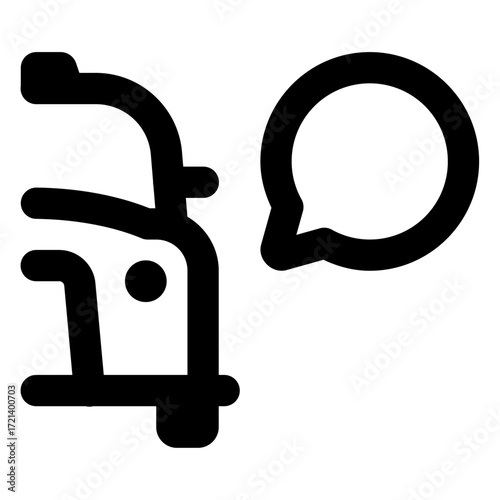Black and white vector image showing a stylized rickshaw with a speech bubble next to it in simple style